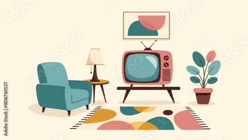 Cozy living room features retro television, comfortable armchair, and potted plant, creating a warm and inviting atmosphere with a touch of vintage charm.