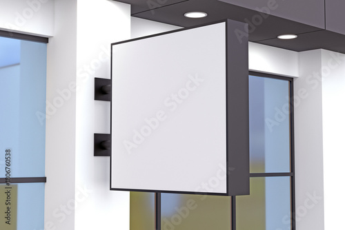 Modern square signboard mockup for business branding near windows, perfect for displaying your logo and advertising