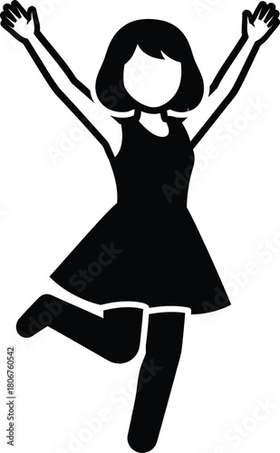 Stock vector of happy woman in dress jumping with arms up silhouette art eps