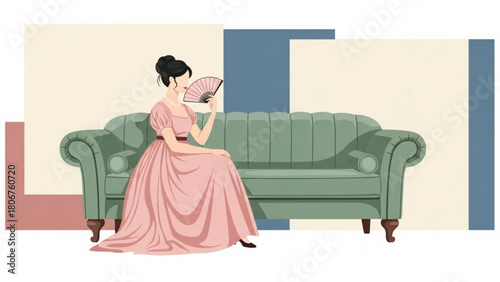 Elegant woman in pink gown sitting on a green sofa, holding a fan in a vintagestyle room, radiating sophistication and timeless beauty.
