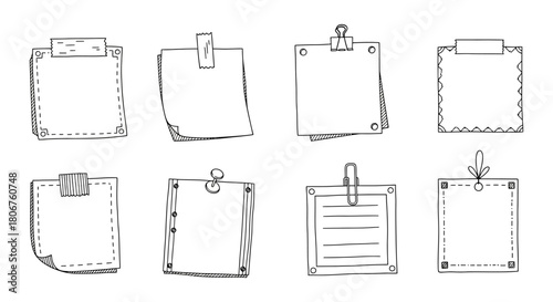 Doodle Style Paper Notes Illustrations with Thumbtack and Clip