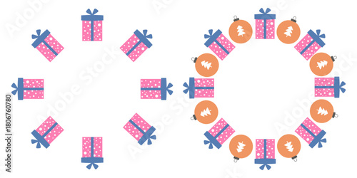 Two round holiday frames with  beautiful pink gift,  blue ribbon and an orange Christmas ball. Christmas, New Year. Flat vector design. Winter holidays. Two icons isolated on  white background.