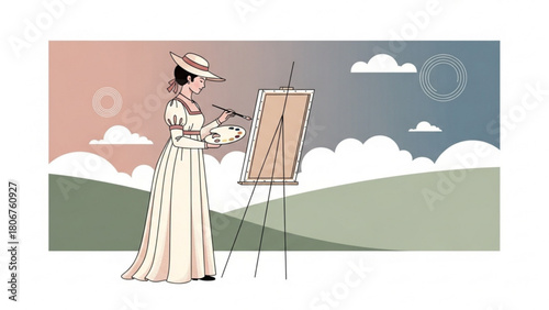 Elegant woman in vintage dress painting landscape on canvas outdoors, capturing the serene beauty of nature with artistic flair and a touch of nostalgia.
