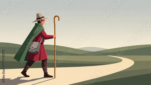 Pilgrim walking along winding path through rolling green hills under bright sky, embodying peaceful journey and spiritual quest.