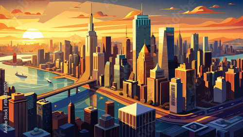 Very beautiful aerial panoramic view of Manhattan, New York City at sunset, showcasing skyscrapers bathed in golden light, the shimmering Hudson River, and a vibrant urban skyline stretching across th