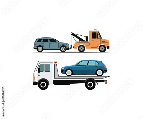 Two Tow Trucks Hauling Cars Vector Illustration for Repair and Assistance