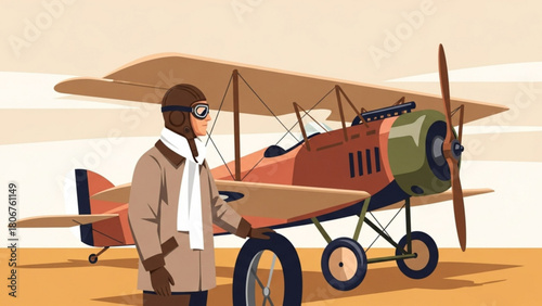 Pilot standing next to vintage biplane on desert airfield, preparing for flight with determination and a sense of adventure.