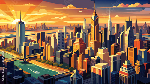 Very beautiful aerial panoramic view of Manhattan, New York City at sunset, showcasing skyscrapers bathed in golden light, the shimmering Hudson River, and a vibrant urban skyline stretching across th