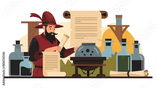Medieval alchemist preparing a potion in his laboratory, surrounded by scrolls and glass bottles, creating a mysterious and scholarly atmosphere.