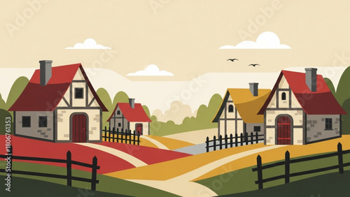 Quaint village houses sit nestled in rolling hills under a bright sky, evoking a sense of peaceful tranquility and rural charm in the countryside.