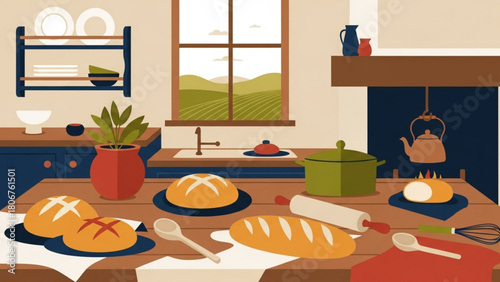 Freshly baked bread sits on a wooden table in a cozy kitchen with a view of rolling hills through the window, creating a warm and inviting atmosphere.