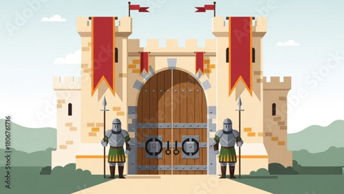 Majestic castle stands guard with armored knights at its gate, symbolizing strength and protection in a fantasy kingdom, evoking a sense of history and adventure.