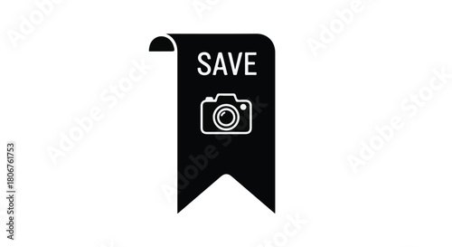 Black bookmark with camera icon and 'SAVE' text, symbolizing photography and saving memories
