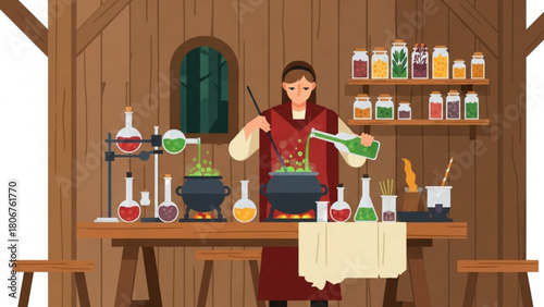 Alchemist mixing potions in laboratory with bubbling cauldrons and glass beakers, creating magical concoctions in a medieval setting, fantasy theme.