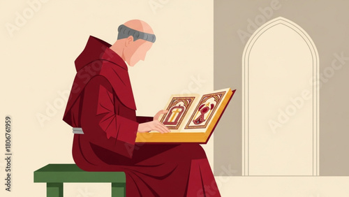 Monk studies illuminated manuscript inside monastery near window, showcasing dedication to knowledge and spiritual devotion in a peaceful setting.