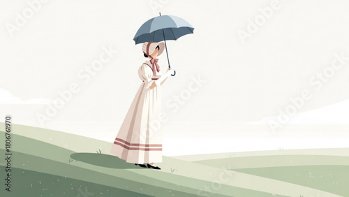 Victorian woman walking with blue umbrella on grassy hill during light rain, creating a serene and nostalgic scene.