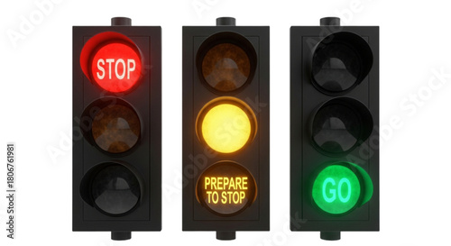 Three traffic signal lights showing Stop, Prepare to Stop, Go. cutout on transparent background.