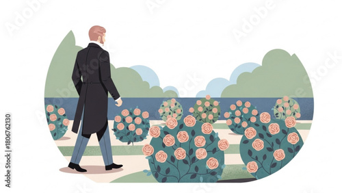 Man in formal attire walking through rose garden near the sea on a bright day, enjoying the serene atmosphere and beautiful scenery.