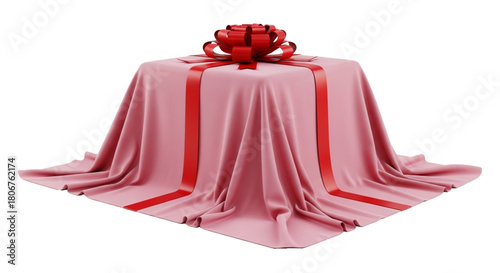 A mystery object covered by pink cloth and red ribbon bow. cutout on transparent background