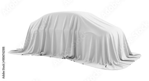 New vehicle covered by white cloth waiting for reveal. cutout on transparent background.