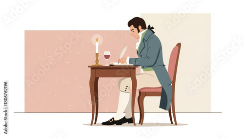 Man writing letter at wooden desk by candlelight in elegant room, capturing historical moment with classic style and thoughtful atmosphere.