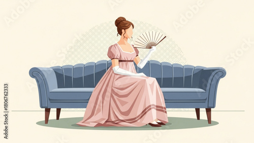 Regency era woman sitting gracefully on a blue sofa, holding a fan in a drawing room, evoking a sense of elegance and historical charm.