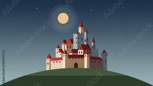 Majestic castle stands proudly atop a verdant hill under the soft glow of the moon on a clear night, evoking a sense of fairytale wonder and timeless beauty.