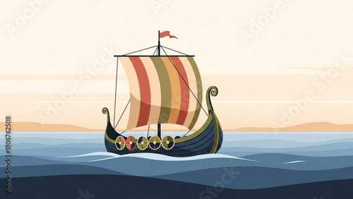 Viking ship sails across calm blue sea towards distant shore under warm sunset sky, evoking sense of adventure and historical journey.