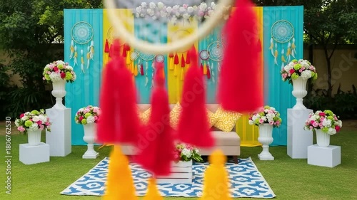 Image showcases a vibrant and festive outdoor setup, featuring a colorful backdrop and seating arrangement. The backdrop consists of vertical panels in bright turquoise and yellow, adorned with decora