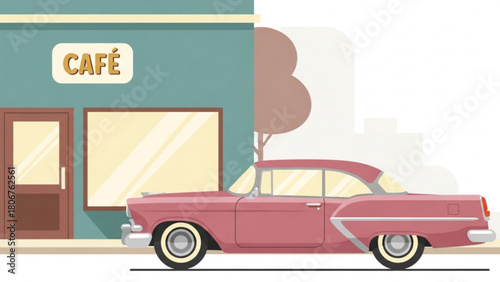 Pink classic car parked in front of a retro cafe on a quiet street corner, evoking a nostalgic and vintage atmosphere.