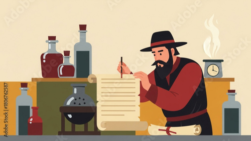 Bearded alchemist writing on parchment scroll in his laboratory surrounded by potions and equipment, capturing the essence of ancient knowledge and mystical pursuits.