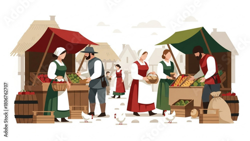 People buying and selling fresh produce at outdoor medieval market with colorful tents and chickens roaming around, creating a vibrant and historical atmosphere.