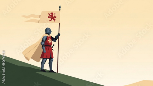 Brave knight stands atop grassy hill, holding banner with lion emblem against warm sunset, symbolizing courage and medieval fantasy.