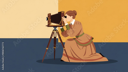 Woman taking photograph with vintage camera in studio, capturing timeless moment with classic equipment and warm color palette.