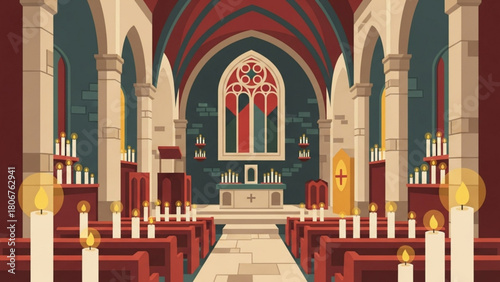 Ornate church interior showcases stained glass windows and rows of candles, creating a serene and spiritual atmosphere for worship and reflection.
