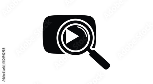Magnifying glass inspecting play button on screen, symbolizing video search and analysis