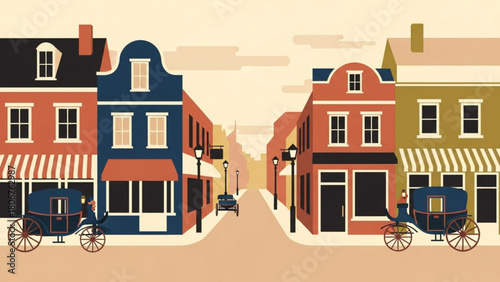 Vintage carriages travel down a colorful main street lined with historic buildings during a peaceful afternoon, evoking a sense of nostalgia and charm.