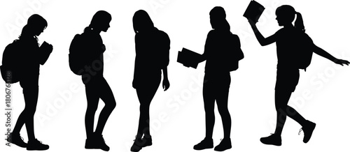Silhouettes of students walking and reading with backpacks, education concept, academic lifestyle, youth learning activities, modern school routine