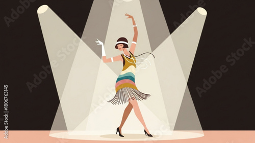 Flapper girl dancing exuberantly under spotlights in a vintage jazz club, showcasing the energy and glamour of the roaring twenties era.