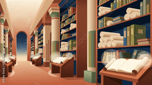 Open books rest on stands in ancient library filled with scrolls and texts, creating a scene of quiet study and historical preservation, evoking a sense of timeless knowledge.