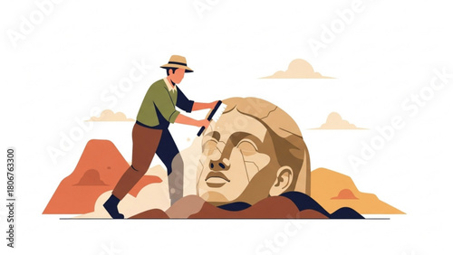 Sculptor chisels large stone head outdoors, meticulously shaping features with hammer and chisel, showcasing artistic skill and dedication in a serene environment.