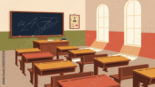 Empty classroom with desks and blackboard awaits students for learning in a school setting, creating a nostalgic and educational atmosphere.