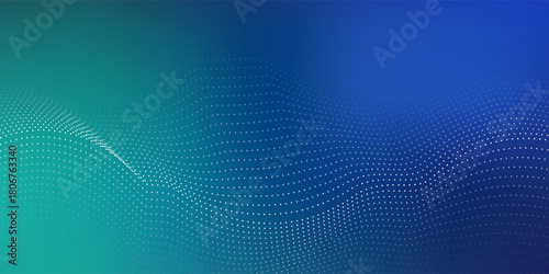 Technology wave particle pattern abstract blue green gradient background, Wavy motion dot design, big data for brochure, polka dot, flyer, magazine, business card, banner, vector.