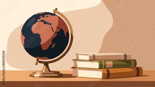 Globe and books sitting on wooden shelf in study room creating a vintage and educational atmosphere, perfect for learning and exploration.