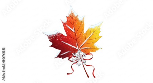 A vibrant autumn maple leaf, adorned with snow and a delicate ribbon, isolated on, capturing the essence of fall and winter holidays