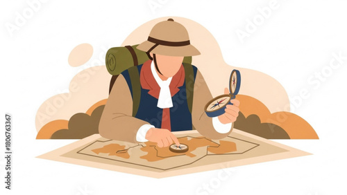 Woman in a hat and bikini in the desert cartoon illustration with children studying at a school table