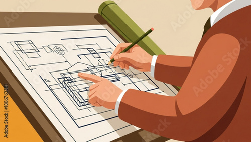 Architect drawing building plans on drafting table in office environment, showcasing precision and attention to detail in a professional setting.