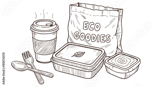 Eco Friendly Takeaway Set Doodle Style Vector Illustration, Lunch Boxes, Coffee Cup & Cutlery Illustration, Sketch doodle style ink illustration