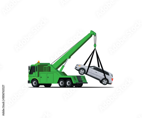 Green tow truck lifting a silver car, breakdown assistance illustration