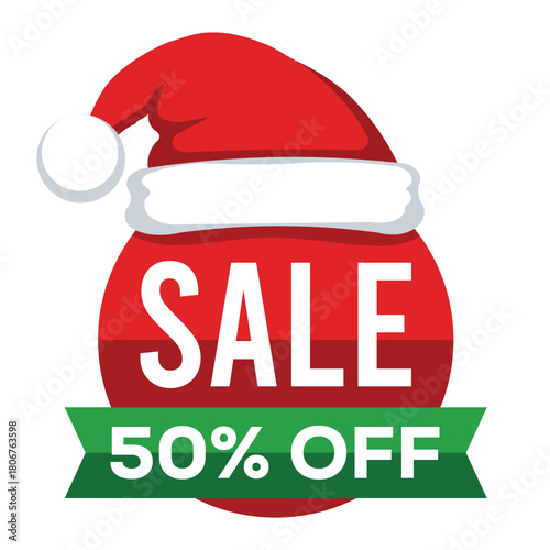 A fun, festive Christmas sale graphic featuring a red Santa hat perched atop a red circle containing the word "SALE." A green banner below aggressively advertises "50% OFF," creating an exaggerated h